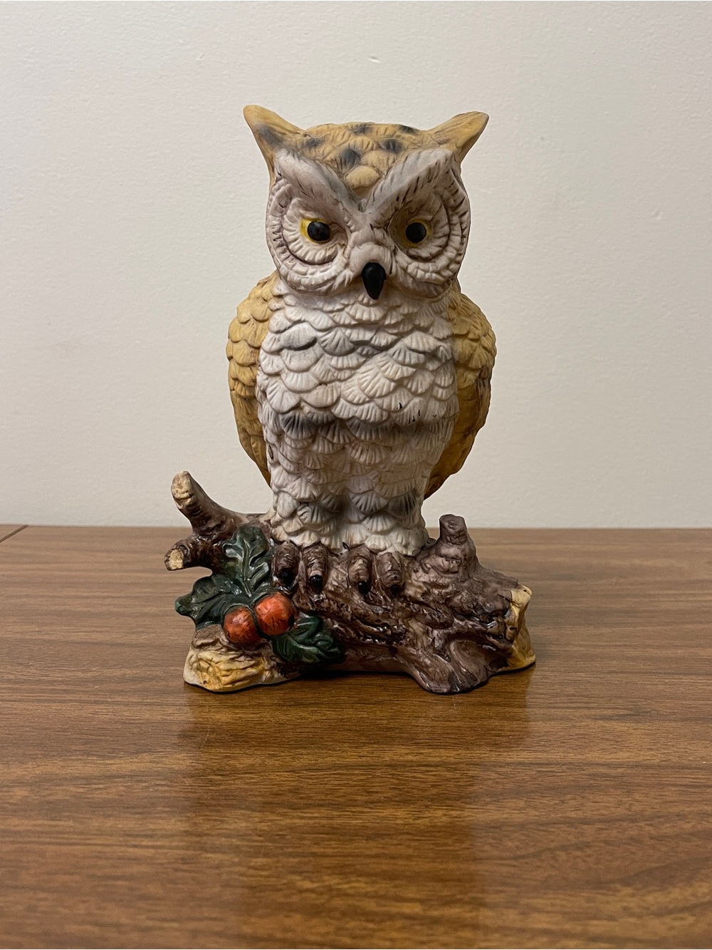 Vintage Porcelain Great Horned Owl Standing on Log Figurine